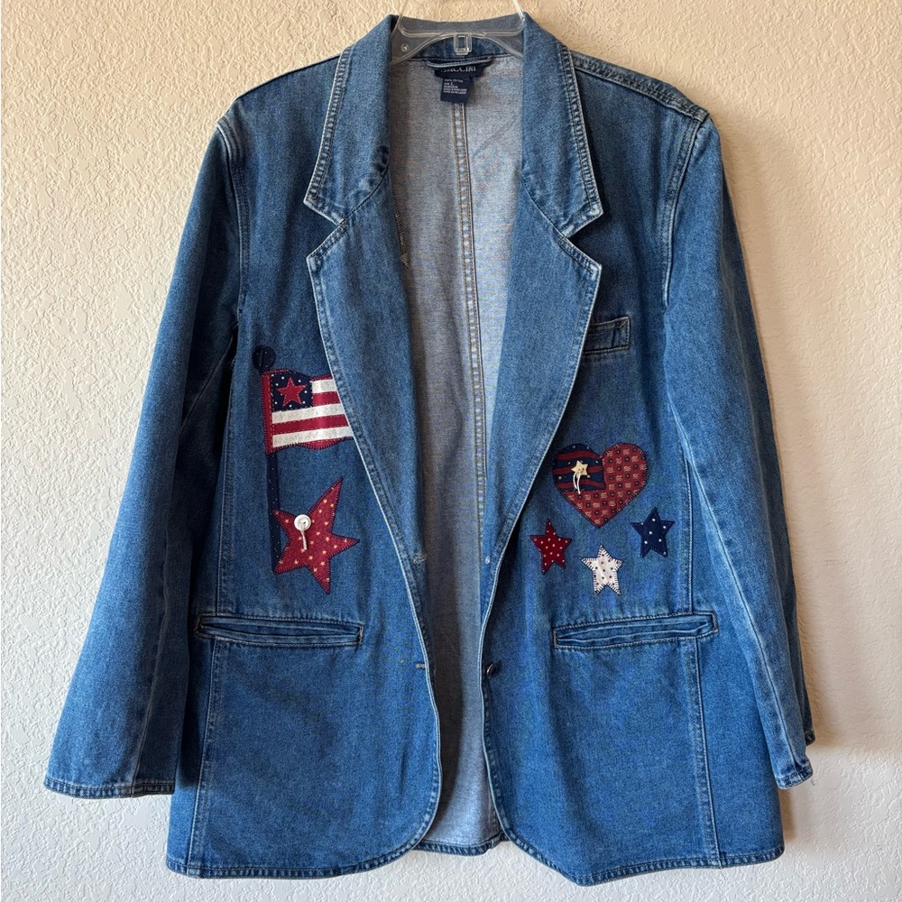 Baccini vintage denim blazer with patriotic-themed patches Size L‎